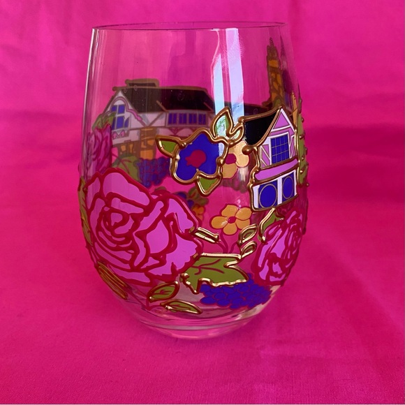 Madonna Inn Stemless Wine Vino Glass Cup Pink Gold Roses Hotel California Champ - Picture 4 of 10